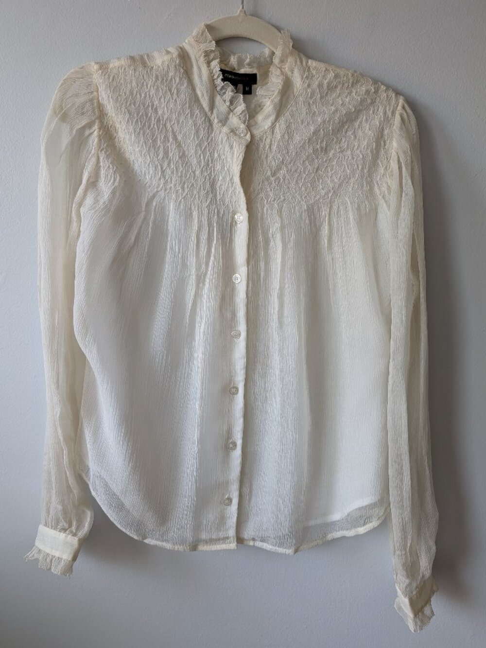 NWT BCBGMAXAZRIA Silk Chiffon Blouse Off White Smocked Ruffle Size M
